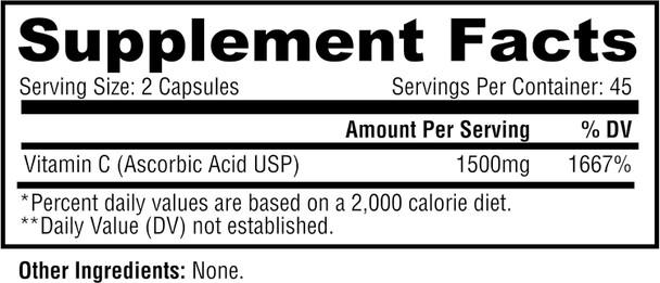 Metabolic Nutrition Vitamin C, 1500Mg, Pure Pharma Grade, High Absorption Ascorbic Acid Capsules (90 Caps)