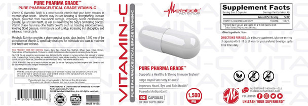 Metabolic Nutrition Vitamin C, 1500Mg, Pure Pharma Grade, High Absorption Ascorbic Acid Capsules (90 Caps)