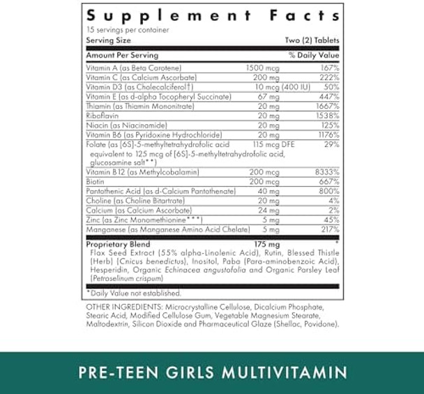 Michael'S Health Naturopathic Programs Pre-Teen Girls - 30 Vegetarian Tablets - Daily Multivitamin For Healthy Growth & Development - Kosher - 15 Servings