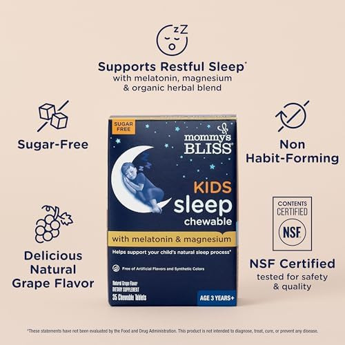 Mommy'S Bliss Kids Sleep Chewable Tablets, Contains Melatonin, Magnesium & Calming Herbs, Grape Flavor, Sugar , Age 3+ (35 Servings), 35 Count (Pack Of 1)