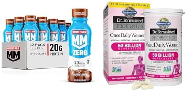 Muscle Milk Zero Protein Shake, Chocolate,20G Protein, Zero Sugar & Garden Of Life, Dr. Formulated Women'S Probiotics Once Daily, 16 Strains, 50 Billion, 30 Count (Pack Of 1)