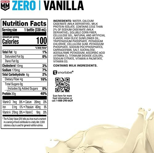 Muscle Milk Zero Protein Shake, Vanilla Crème, 20G Protein, Zero Sugar, 100 Calories & Pro Advanced Nutrition Protein Shake, Intense Vanilla, 11.16 Fl Oz (Pack Of 12), 32