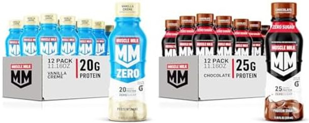 Muscle Milk Zero Protein Shake, Vanilla Crème, 20G Protein, Zero Sugar, 100 Calories, Calcium & Genuine Protein Shake, Chocolate, 25G Protein, 11.16 Fl Oz (Pack Of 12)
