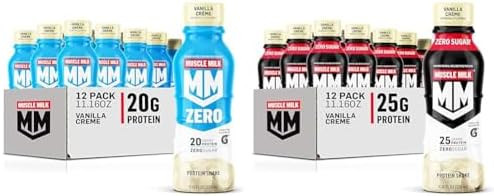 Muscle Milk Zero Protein Shake, Vanilla Crème, 20G Protein, Zero Sugar, 100 Calories (Pack Of 12) & Genuine Protein Shake, Vanilla Creme, 11.16 Fl Oz Bottle, 12 Pack, 25G Protein