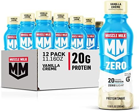 Muscle Milk Zero Protein Shake, Vanilla Crème, 20G Protein, Zero Sugar, 100 Calories (Pack Of 12) & Genuine Protein Shake, Vanilla Creme, 11.16 Fl Oz Bottle, 12 Pack, 25G Protein