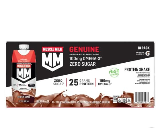 Muscle Milk Protein Shake - Chocolate Flavor - 18 Pack (11 Oz Each) - Zero Sugar, No Milk, 100 Mg Omega-3 (Dha & Ala), Bonus Massage Roller Stick ( Color May Very )