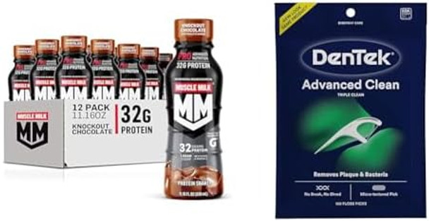 Muscle Milk Pro Protein Shake Knockout Chocolate 11.16 Fl Oz 12 Pack + Dentek Triple Clean Advanced Clean Mint Floss Picks 150 Count