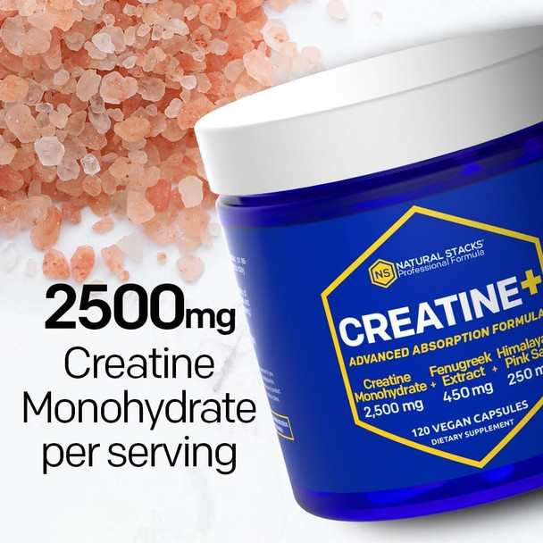 Creatine Monohydrate - 2500Mg Creatine Pills - 450Mg Fenugreek Extract & 250Mg Himalayan Pink Salt - Supports Brain Health, Endurance & Muscle Building - Advanced Absorption Formula - 120 Capsules