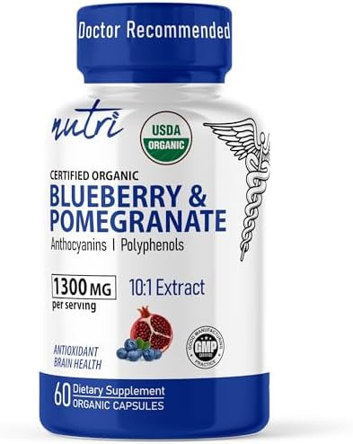 Nature'S Fusions Nutri Organic Supplement 1300Mg - With 800Mg 10:1 Blueberry Extract & 500Mg 10:1 Pomegranate Extract - Usda Organic - 60 Capsules
