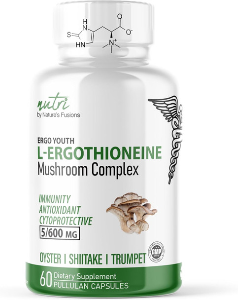 Nature'S Fusions Nutri L - Ergothioneine Supplements With Organic Mushroom Complex - 5Mg & 600Mg Mushroom Extracts, Oyster, Shiitake, King Trumpet 600 Mg- 60 Capsules
