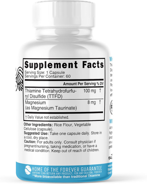 Nature'S Fusions Ttfd Thiamine B1 Supplement  100Mg 60 Servings  With 8Mg Magnesium  No Toxic Fillers  Ttfd Thiamine Tetrahydrofurfuryl Disulfide  Third Party Lab Tested  Nutri Supplements