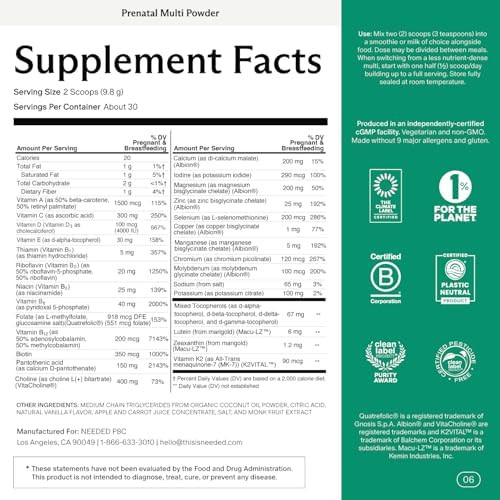 Needed. Vanilla Multivitamin Powder With Choline For Prenatal, Pregnancy, Breastfeeding, Postpartum  Expertly-Formulated & Third-Party Tested  30-Day Supply