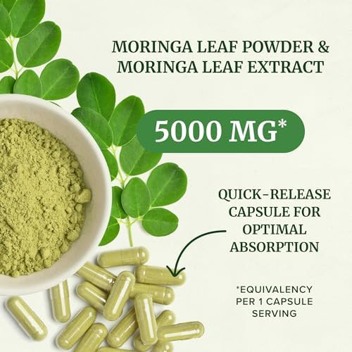 Nobi Nutrition Moringa Capsules 5000Mg  Potent Antioxidant Superfood  Non-Gmo, Third-Party Tested Pure Moringa For Energy, Immunity & Gut Health Support  Gluten- Vitamins & Minerals Supplement  60 Capsules