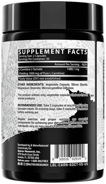 Nutrex Research Lipo-6 L Carnitine 1000Mg  Pure L-Carnitine Tartrate Supports Fat Metabolism, Energy, Stimulant  Weight Management Supplement, Keto Friendly - 120 Capsules
