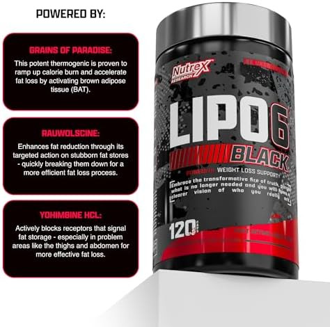 Nutrex Lipo-6 Black Max Strength Fat Burner - Fast Acting Energy, Weight Loss Diet Pills – Appetite Suppressant, Metabolism Booster - 120 Capsules