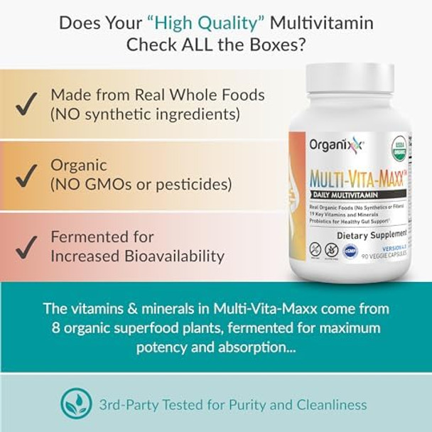 Organixx Vegan Multivitamin For Women & Men, With Vitamin C, D3, Vitamin B Complex, Probiotics, Organic Fruits And Vegetables, Supports Digestive, Gut Health, Immune Support, 90 Gel Capsules