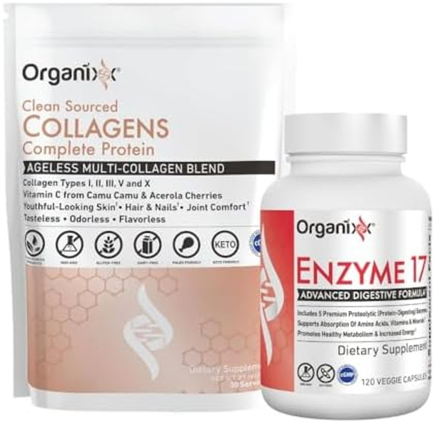 Organixx Collagen Peptides Powder (30 Servings) & Enzyme 17 Digestive Supplement (80 Veggie Caps) Bundle Organixx Collagen Peptides Powder (30 Servings) & Enzyme 17 Digestive Supplement (80 Veggie Caps) Bundle