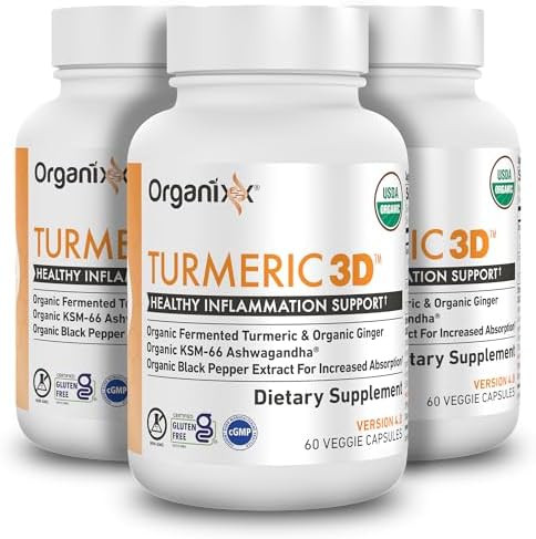Organixx Usda Organic Turmeric Curcumin Supplement With Ashwagandha, Vitamin D, Turmeric & Ginger – Fermented For Maximum Bioavailability, 60 Count (Pack Of 3)