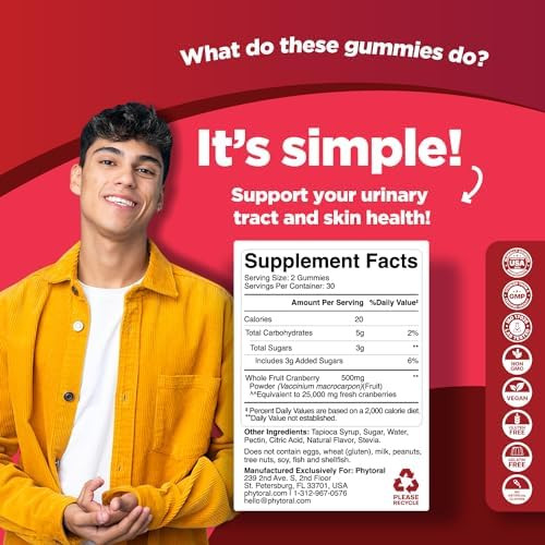 Phytoral Extra Strength Cranberry Supplement Gummies For Women - Cranberry Gummies For Urinary Tract Health, Kidney And Bladder Support - Herbal Supplements For Urinary Tract Health For Women - 2 Pack
