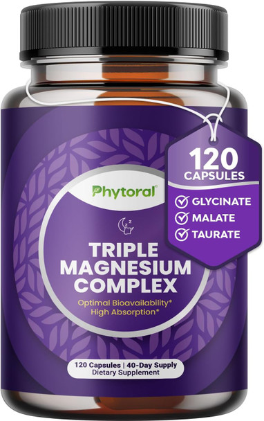 Phytoral Highly Potent Magnesium Complex Capsules - Triple Magnesium Blend With Taurate Glycinate And Malate - 400Mg Supplement Supports Relaxation & Overall Wellness Non-Gmo Vegan 120 Capsules