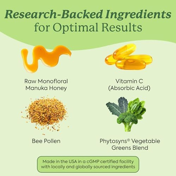 Plant People Wonderbee Super Greens Manuka Honey Chews - Bee Pollen, Super Greens & Vitamin C - Immune Support, Antioxidants & Energy Boost (30 Count)