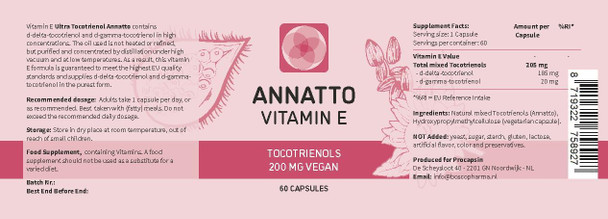Procapsin Annatto Tocotrienols Vegan Vitamin E Supplement, Tocopherol , Eannatto Capsules Without Pah'S And Contaminants - Improved From Deltagold - 200Mg - Non-Gmo & Antioxidant (60)