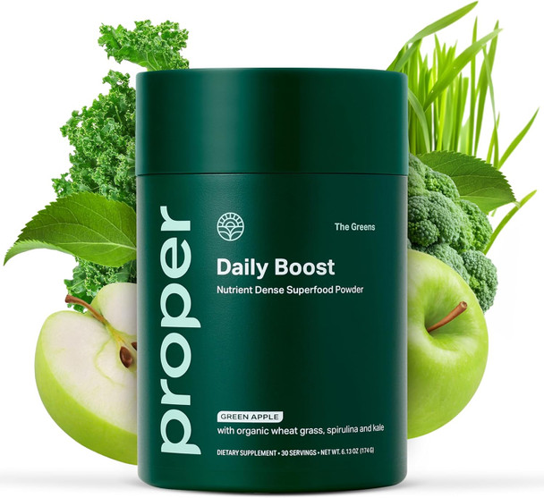 Proper Proper, The Greens Daily Boost Organic Greens Powder. Whole Food, Apple Flavor Veggie Powder Superfood With Wheatgrass, Spirulina, Chlorella, Probiotics. Daily Drink Mix For Wellness And Digestion