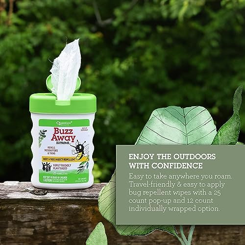 Quantum Health Buzz Away Extreme Towelettes - Deet- Insect Repellent Wipes, Essential Oils - Pop Up Dispenser, Small Children And Up, 25 Count