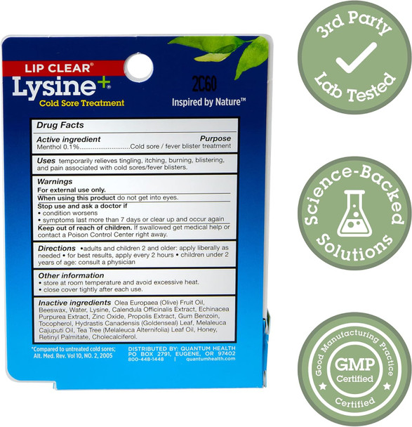 Quantum Health Lip Clear Lysine+ Cold Sore Treatment Soothe & Moisturize Mouth Sores - L-Lysine Menthol Calendula & Propolis Ointment - Transparent Fever Blister Healing Balm - 0.25 Oz