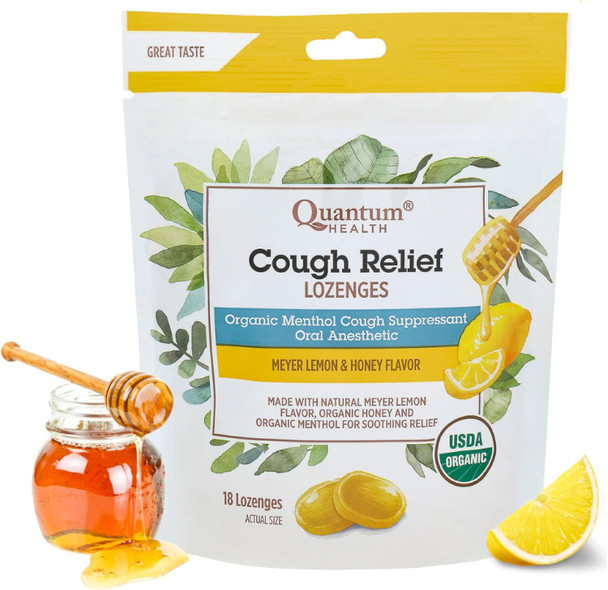 Quantum Health Organic Cough Drops Meyer Lemon & Honey Throat Lozenges - Soothing Menthol Suppressant Dry Mouth & Sore Throat Relief For Adults & Kids - 18 Count Quantum Health Organic Cough Drops Meyer Lemon & Honey Throat Lozenges - Soothing Menthol Suppressant Dry Mouth & Sore Throat Relief For Adults & Kids - 18 Count