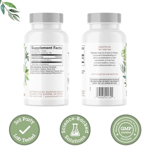 Quantum Health L-Lysine 500Mg Essential Amino Acid Supplement - Supports Collagen & Protein Synthesis, Bone Health, Muscle Recovery And Immune Health - Vegan Friendly - 100 Tablets