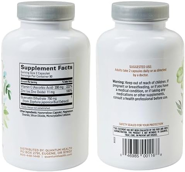 Quantum Health Quercetin+ 750Mg Powerful Immune Support Supplement + Zinc 11Mg & Vitamin C 200Mg Seasonal Immunity Boost Respiratory Health & Gut Support Complex For Women & Men - 180 Capsules