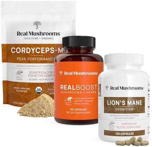 Real Mushrooms Realboost (60Ct), Lions Mane (120Ct) & Cordyceps Mushroom Powder & Capsules Bundle - Mushroom Supplement For Energy, Vitality, Endurance & Cognition - Vegan, Non-Gmo