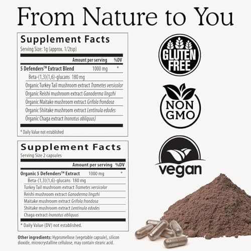 Real Mushrooms 5 Defenders - Adaptogenic Mushrooms Complex With Chaga, Reishi, Turkey Tail, Maitake & Shiitake For Wellness Support - Mushroom Beta Glucan Capsules - 90 Count