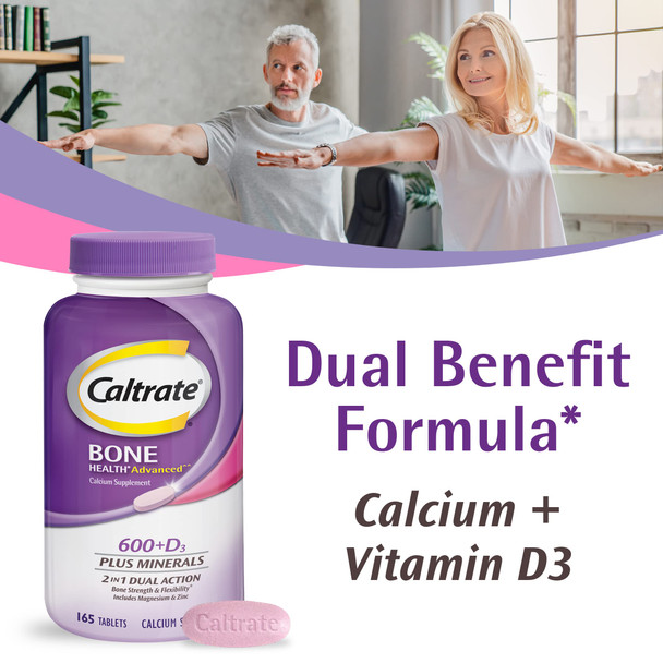 Caltrate 2 in 1 DUAL ACTION, 600+D3 Plus Minerals, Calcium & Vitamin D3 Supplement Tablet, 600 mg -165 Count