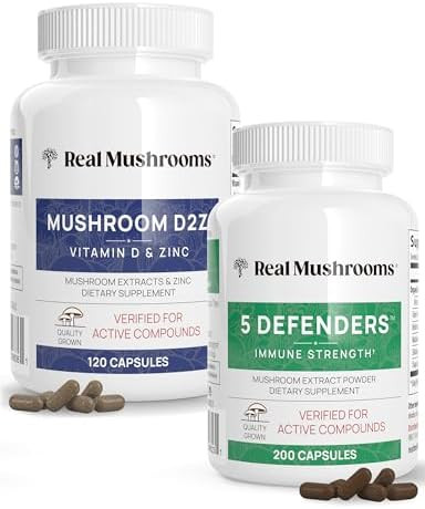 Real Mushrooms Vitamin D2, Zinc (120Ct) And 5 Defenders (200Ct) Bundle - With Turkey Tail, Shiitake, Reishi, Chaga, Maitake - Natural Immune Strength Supplement - Vegan, Gluten , Non-Gmo