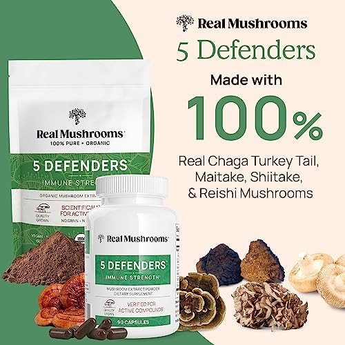 Real Mushrooms Ergothioneine (60Ct) And 5 Defenders (200Ct) Bundle - With Turkey Tail, Shiitake, Reishi, Chaga, Maitake, Oyster - Natural Longevity And Immune Strength - Vegan, Gluten , Non-Gmo