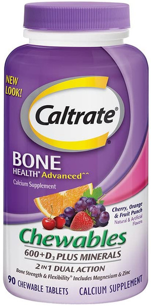 Caltrate 600+D3 Plus Minerals (Orange and Fruit Punch) Calcium & Vitamin D3 Chewable Supplement, 600mg Calcium, Assorted, Cherry, 90 Count