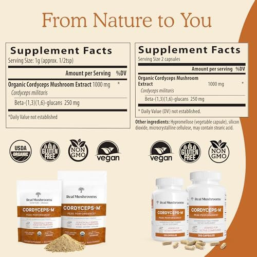 Real Mushrooms Ergothioneine (60Ct) And Cordyceps-M (120Ct) Bundle With Shiitake And Oyster Mushroom Extracts - Longevity And Energy - Vegan, Gluten , Non-Gmo - Natural Support For Healthy Aging