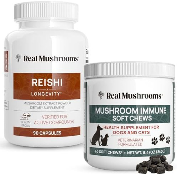 Real Mushrooms Reishi Capsules For Humans (90Ct) & Mushroom Immune Pet Chews (60Ct) - Bundle For Longevity, Relaxation & Immunity - Ashwagandha, Astragalus & More - Vegan, Non-Gmo, Gluten-