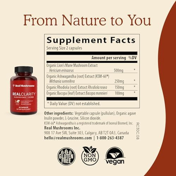 Real Mushrooms Realclarity (60Ct) & Lions Mane (120Ct) Capsules W/Cordyceps Powder Bundle - Mushroom Supplement For Mental Clarity, Focus, Cognition, Energy & Vitality - Vegan, Non-Gmo Real Mushrooms Realclarity (60Ct) & Lions Mane (120Ct) Capsules W/Cordyceps Powder Bundle - Mushroom Supplement For Mental Clarity, Focus, Cognition, Energy & Vitality - Vegan, Non-Gmo