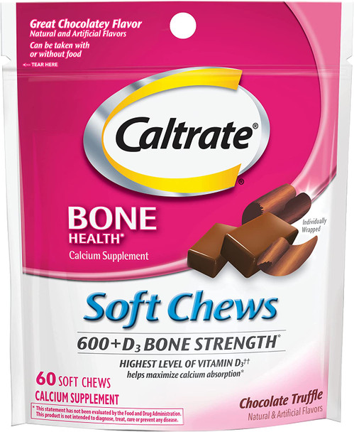 Caltrate 600+D3 Soft Chews (Chocolate Truffle Flavor, 60-Count Soft Chews) Calcium and Vitamin D3 Chewable Supplement, 600mg