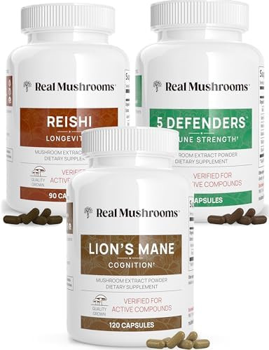 Real Mushrooms Lions Mane (120Ct), Reishi (90Ct), 5 Defenders (90Ct) Capsules Bundle - Mushroom Supplement For Cognition, Longevity, Relaxation & Immune Strength - Vegan, Non-Gmo