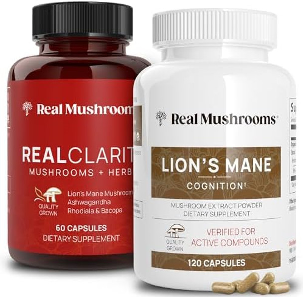 Real Mushrooms Realclarity (60Ct) And Lions Mane (120Ct) Capsules Bundle - Mushroom Supplement For Brain Health, Mental Clarity, Focus, Cognition & Immune Support - Brain Vitamins W/Ashwagandha Real Mushrooms Realclarity (60Ct) And Lions Mane (120Ct) Capsules Bundle - Mushroom Supplement For Brain Health, Mental Clarity, Focus, Cognition & Immune Support - Brain Vitamins W/Ashwagandha