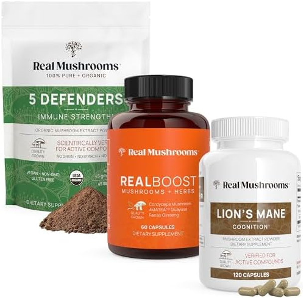 Real Mushrooms Realboost (60Ct), Lions Mane (120Ct) & 5 Defenders (90Ct) Capsules Bundle - Mushroom Supplement For Energy, Vitality, Cognition & Immune Strength - Vegan, Non-Gmo Real Mushrooms Realboost (60Ct), Lions Mane (120Ct) & 5 Defenders (90Ct) Capsules Bundle - Mushroom Supplement For Energy, Vitality, Cognition & Immune Strength - Vegan, Non-Gmo