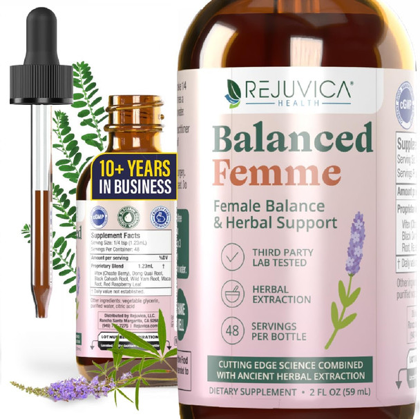 Rejuvica Health Balanced Femme - Advanced Female Balance Support Supplement - Liquid Delivery For Better Absorption - Vitex, Dong Quai, Black Cohosh, Maca Wild Yam & More