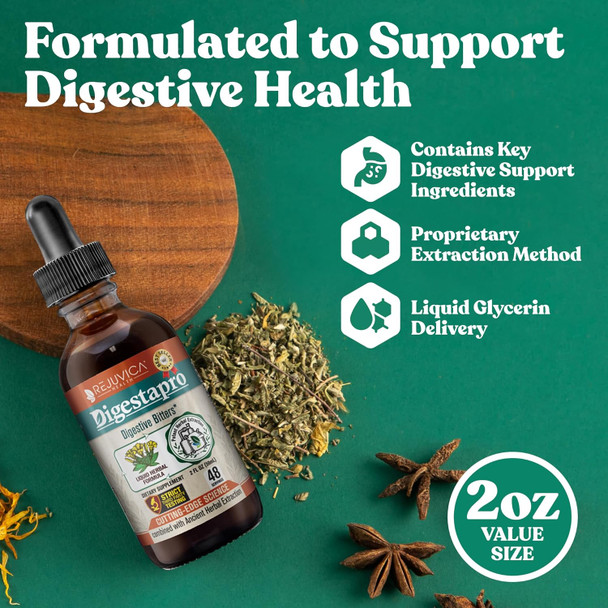 Rejuvica Health Digestapro - Advanced Digestive Bitters Supplement - Liquid Delivery For Better Absorption - Gentian, Artichoke, Burdock, Chanca Piedra, Ginger & More
