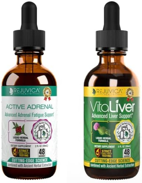 Rejuvica Health Active Adrenal + Vitaliver - Support Stress + Liver - Liquid Delivery For Better Absorption - Rhodiola, Milk Thistle, Holy Basil, Artichoke,