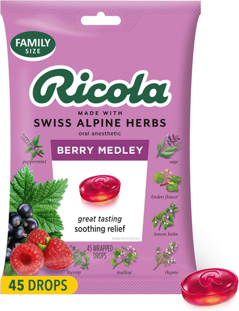 Ricola Berry Medley Throat Drops, 45 Count, Delicious Throat Relief & Care, Oral Anesthetic, Naturally Flavored Ricola Berry Medley Throat Drops, 45 Count, Delicious Throat Relief & Care, Oral Anesthetic, Naturally Flavored