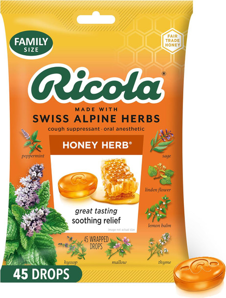 Ricola Honey Herb Cough Drops, 45 Count, Fair Trade Honey & Natural Menthol Cough Suppressant & Throat Relieving Drops, Great Tasting Relief For Coughs & Throat Irritation Symptoms Ricola Honey Herb Cough Drops, 45 Count, Fair Trade Honey & Natural Menthol Cough Suppressant & Throat Relieving Drops, Great Tasting Relief For Coughs & Throat Irritation Symptoms